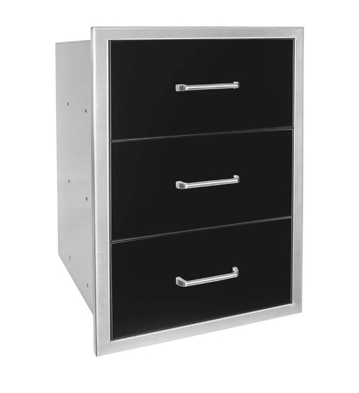 Angled view of the Wildfire 3-drawer unit, measuring 19x26 inches, in black stainless steel with stylish handles.