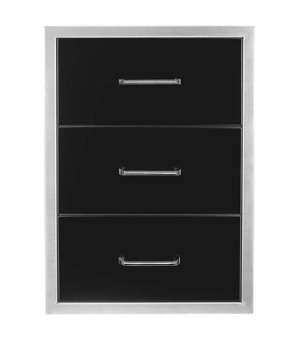 Front view of the Wildfire 3-drawer unit in black stainless steel, featuring sleek handles and a sturdy build.