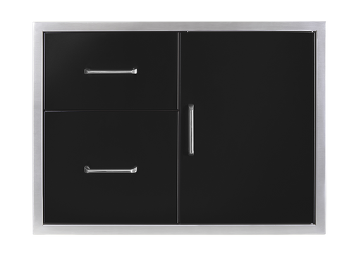 Front view of the Wildfire 30x21-inch stainless steel door and drawer combo, featuring a sleek black design with polished metal handles.