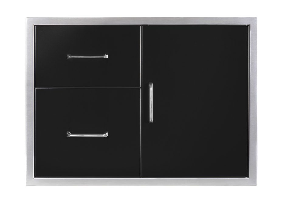 Front view of the Wildfire 30x21-inch stainless steel door and drawer combo, featuring a sleek black design with polished metal handles.