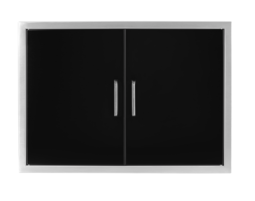 Front view of the Wildfire 30x21-inch black stainless steel double doors, highlighting polished handles and contemporary build.