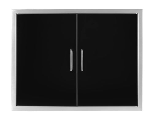 Front view of the Wildfire 30x24-inch black stainless steel double doors, featuring sleek handles and a modern design.