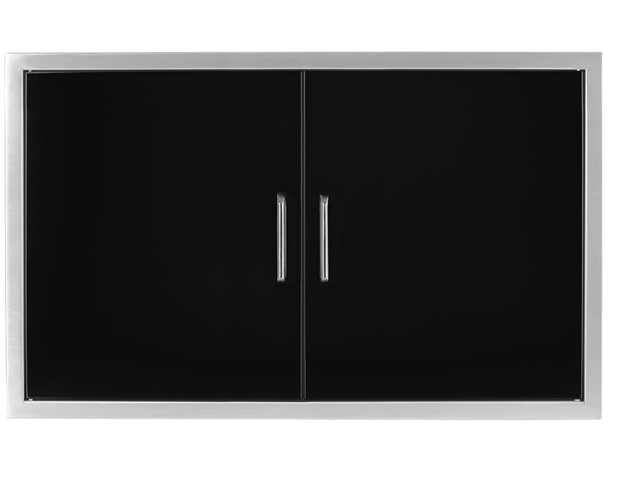 Front view of the Wildfire 38x21-inch black stainless steel double doors, showcasing smooth handles and a stylish frame.