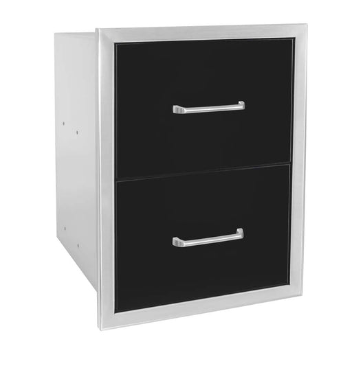 Angled view of the Wildfire double-drawer unit, measuring 16x22 inches, in black stainless steel, showcasing smooth handles and durable construction.