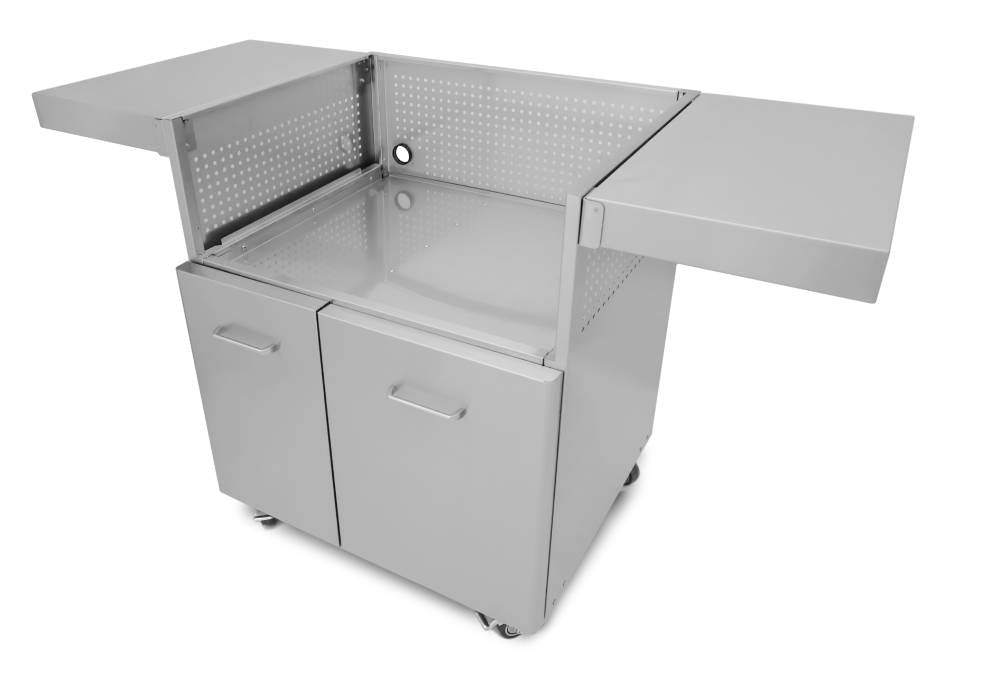 A top view of the Wildfire Griddle Cart in stainless steel, showcasing the spacious open top for griddle installation, two fold-out side tables, and double doors for storage.