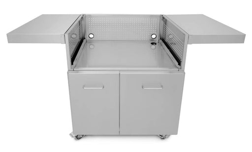 The Wildfire Griddle Cart in stainless steel, featuring two fold-out side tables and double doors for storage.