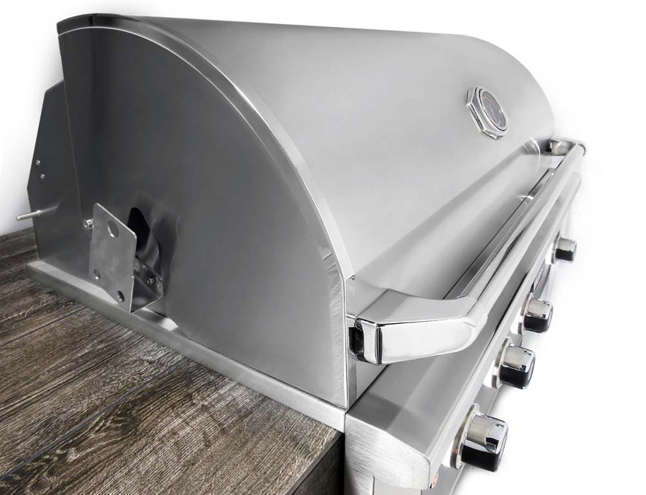 Angled side view of the Wildfire Grill with a curved hood design.