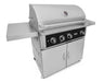 An angled view of the Wildfire Grill Cart in stainless steel, showcasing the four control knobs, double doors, and convenient side table.