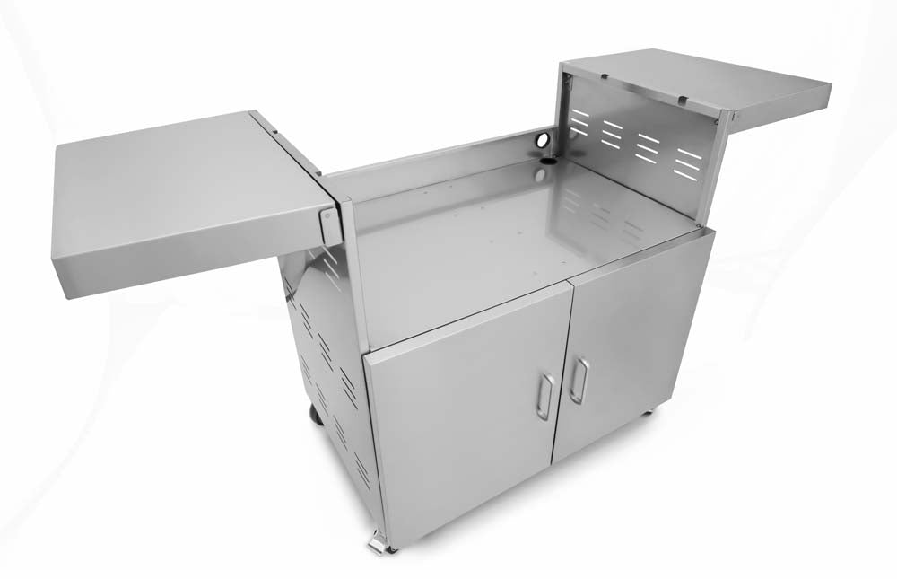 An angled view of the Wildfire Grill Cart with both side tables folded open, showcasing the ample space for grill installation and the double doors for storage.