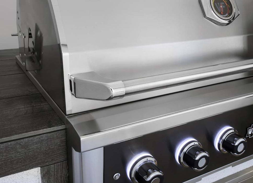 Side view of the Wildfire Grill handle with a sleek stainless-steel design.