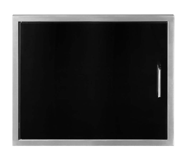 Front view of the Wildfire 27x20-inch horizontal single door in black stainless steel, showcasing a modern handle and clean design.