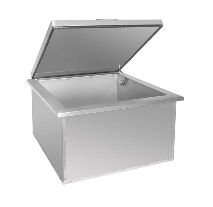 Angled view of the open Wildfire ice chest, emphasizing the detailed hinges and ample storage space.