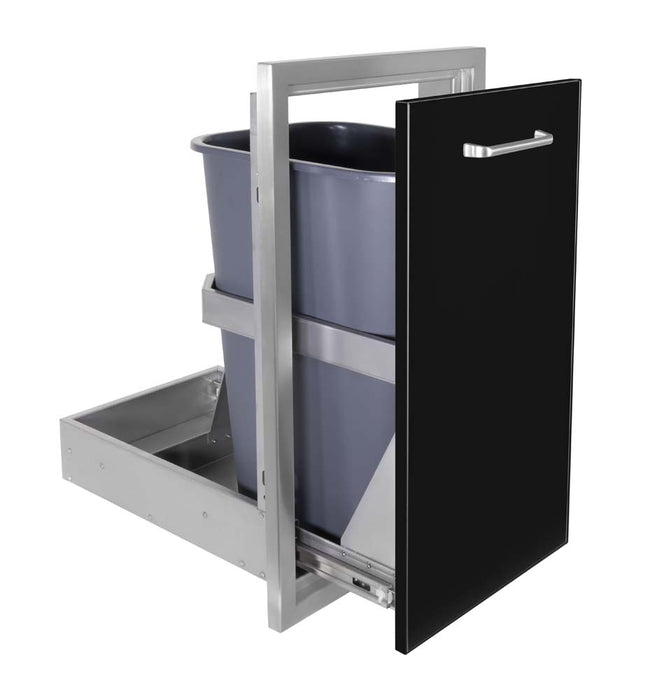 Angled view of the Wildfire pull-out trash unit, measuring 14x26 inches, in black stainless steel for convenient outdoor kitchen waste management.