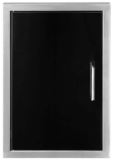 Front view of the Wildfire 20x27-inch vertical single door in black stainless steel, featuring a sleek handle and modern frame.