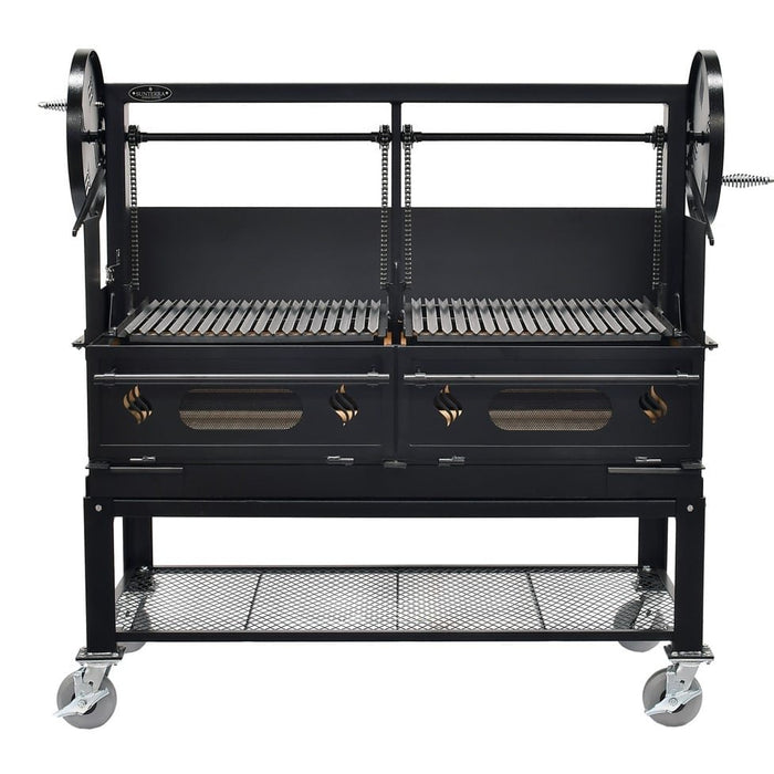 Front view of a 60 inch dual grate grill with the Sunterra Argentine Brasero windbreak panel installed at the rear.