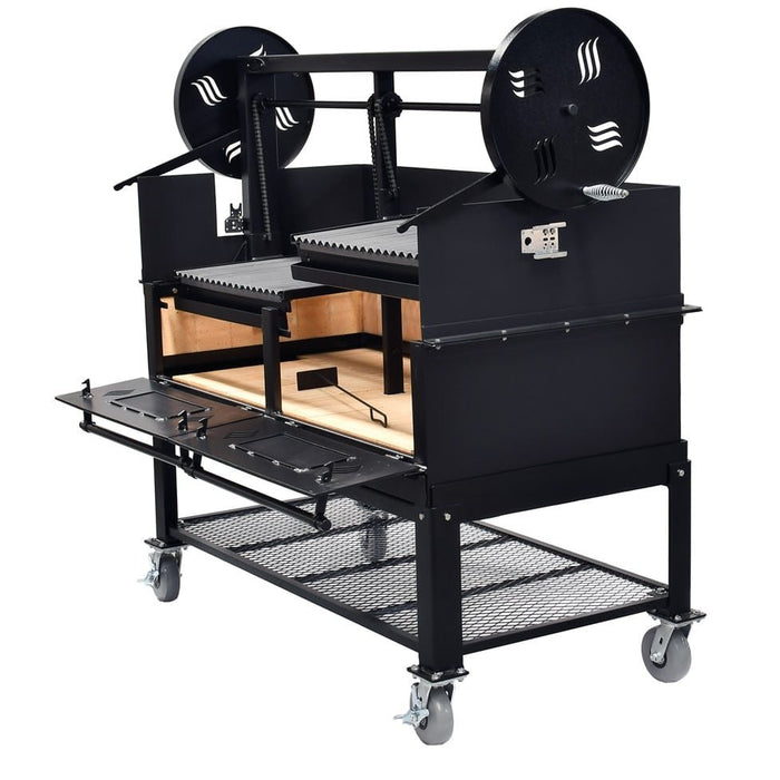 Angle view of the Sunterra 60in dual grate brasero grill with rear windbreak panel installed for outdoor wind protection.