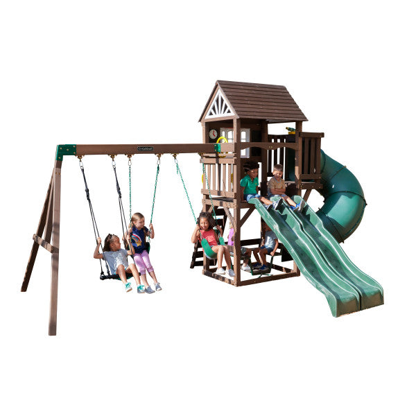 Kids playing around the outdoor playset