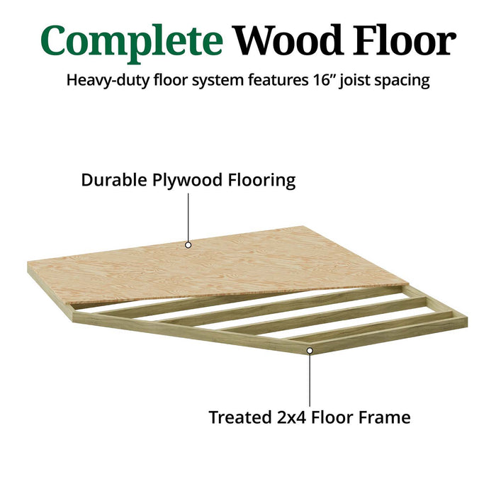 Illustration of a wood floor system with plywood flooring and a treated 2x4 floor frame for a Little Cottage Co. shed.