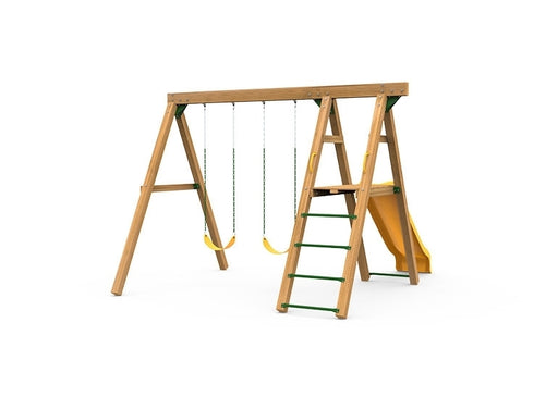 Wooden Mesa Bronze Swing Set featuring yellow slide, dual swings, and sturdy ladder for backyard play