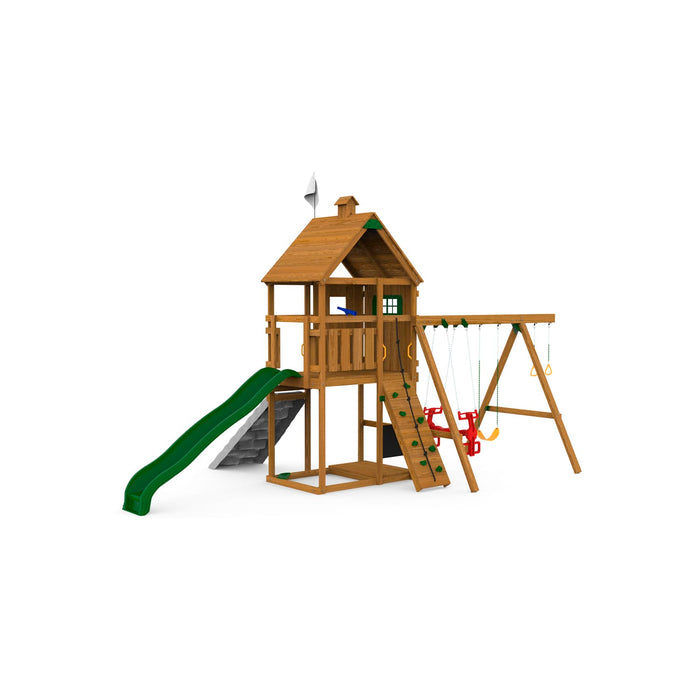 Rear angle of Playstar Legacy Silver Playset with green slide, gray rock wall, and swing attachments for outdoor play