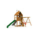 Rear angle of Playstar Legacy Silver Playset with green slide, gray rock wall, and swing attachments for outdoor play