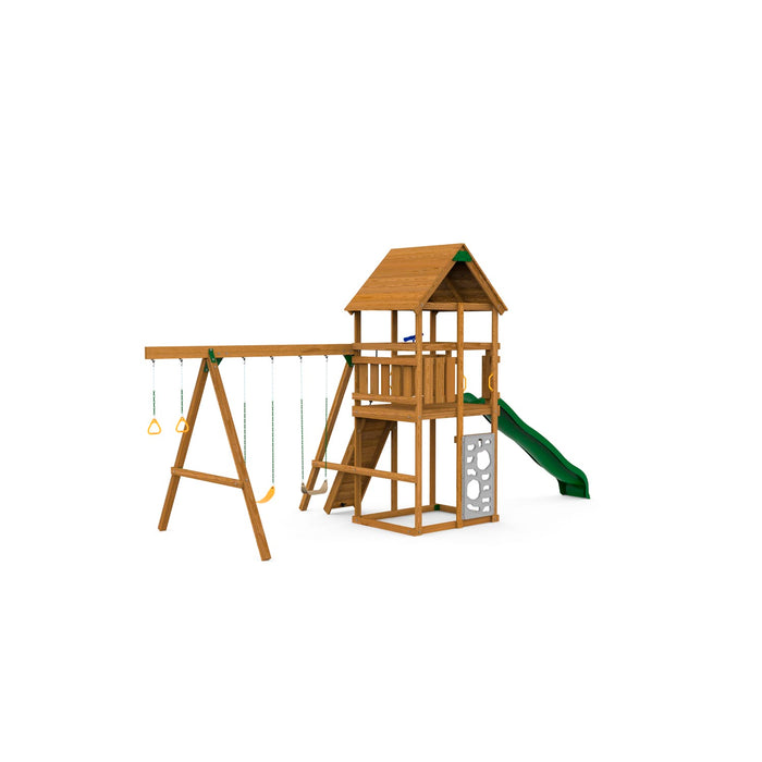 Wooden Playstar Legacy Starter Playset featuring green slide, swings, and climbing wall for outdoor fun