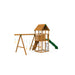 Wooden Playstar Legacy Starter Playset featuring green slide, swings, and climbing wall for outdoor fun