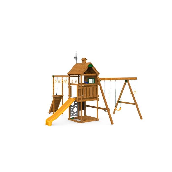 Back view of Playstar Contender Bronze playset showing wooden tower, slide, ladder, and swing beam built for backyard imaginative play.