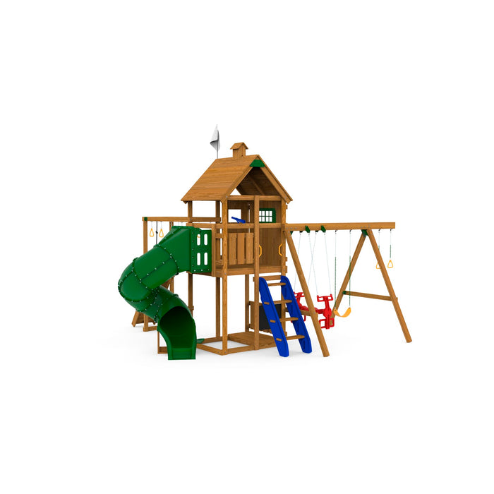 Back view of Playstar Contender Gold wooden playset showing spiral slide, clubhouse tower, blue step ladder, red air rider, and swing beam for kids’ adventure.