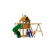 Back view of Playstar Contender Gold wooden playset showing spiral slide, clubhouse tower, blue step ladder, red air rider, and swing beam for kids’ adventure.