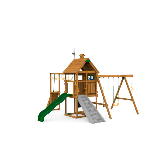 Rear view of Playstar Contender Silver playset showcasing wave slide, rock wall, two swings, and covered clubhouse designed for active backyard play.