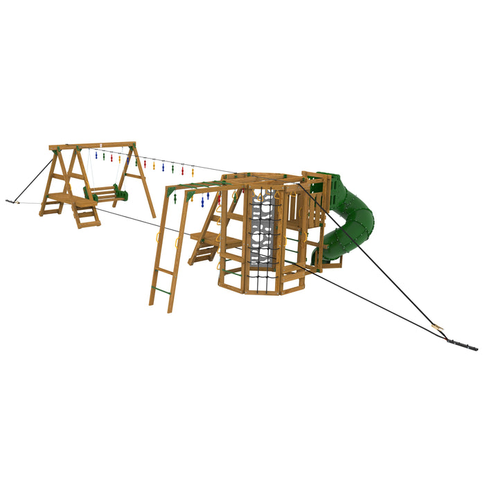 Wooden Ninja Power Tower Gold playset featuring a spiral green slide, climbing elements, and multiple activity zones for kids.
