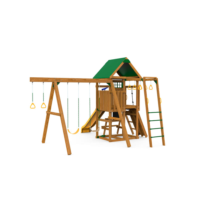 Rear angle of Playstar Highland Bronze wooden swing set showing slide, clubhouse, and ladders