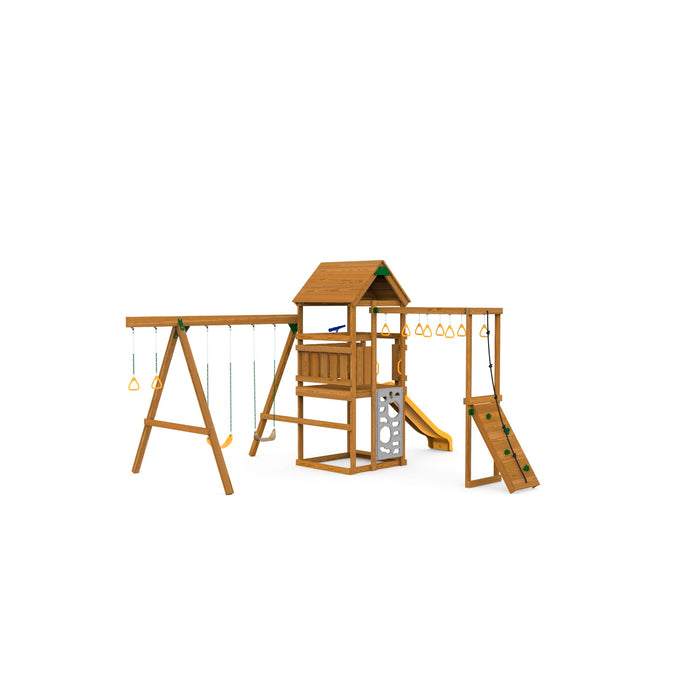 Playstar Contender Starter wooden playset with yellow slide, climbing wall, and double swing beam attached to a cozy clubhouse tower.