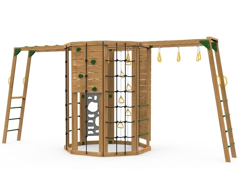 Playstar Cliff-Hanger Silver wooden playset designed for climbing, balance, and active outdoor fun