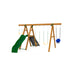 Wooden Playstar Mesa Gold Swing Set featuring dual swings, slide, and climbing wall for backyard play.