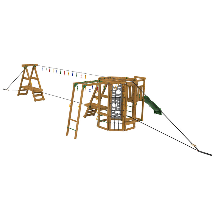 Side view of the wooden Ninja Platform Silver swing set with slide and climbing elements