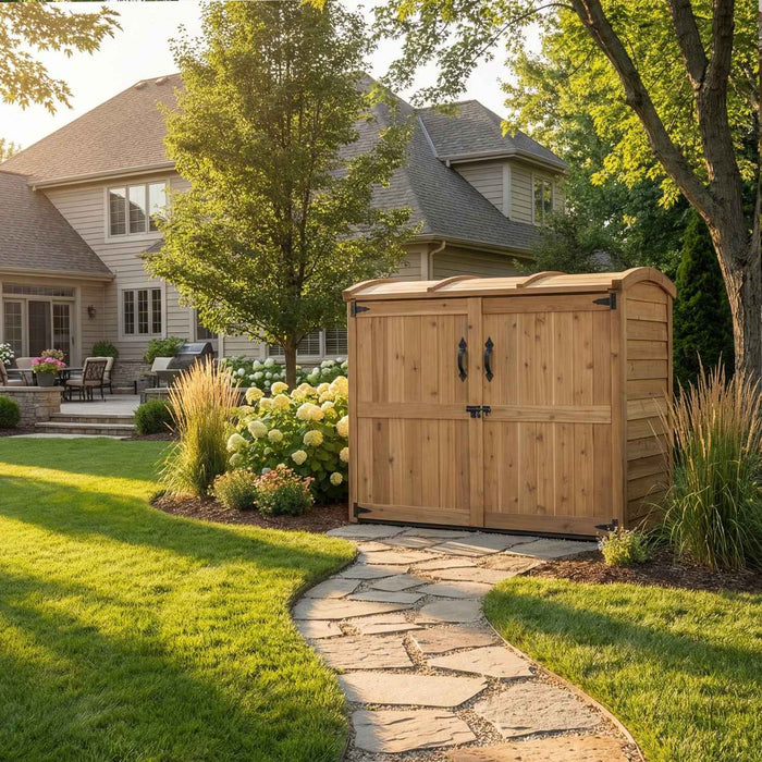 Side angle view of the Oscar 6x3 wooden waste bin storage shed, showcasing its sloped roof and sturdy outdoor construction.