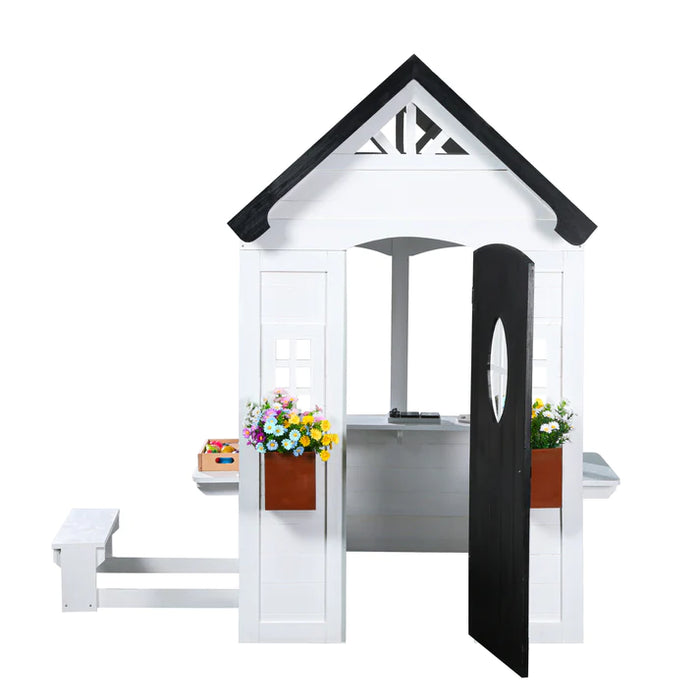 front angle of Zahara Playhouse with door opened in white background