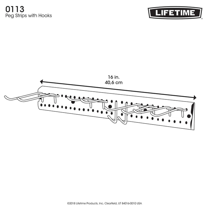 A detailed drawing of the dimensions of a 16 inches long Peg Strip with Hooks from Lifetime