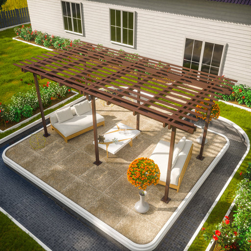Four Seasons Outdoor Living Solutions Free-Standing Pergola on a deck with outdoor furniture in a backyard garden setting