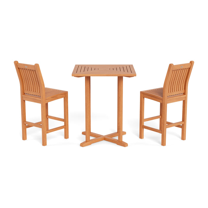 A Tortuga Outdoor Jakarta 3-Piece Teak Wood Bar Set consisting of two durable wooden chairs and a table, suitable for outdoor patio furniture.