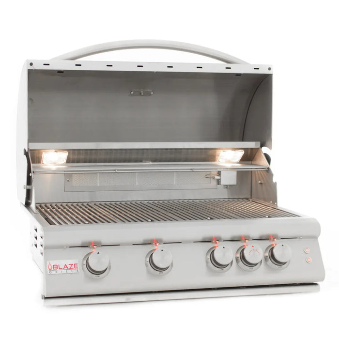 The Blaze Grills 4-5 Burner LTE Gas Grill with Rear Burner and Built-in Lighting System is an exceptional outdoor BBQ equipped with knobs and lights, perfect for those who want to upgrade their grilling experience.