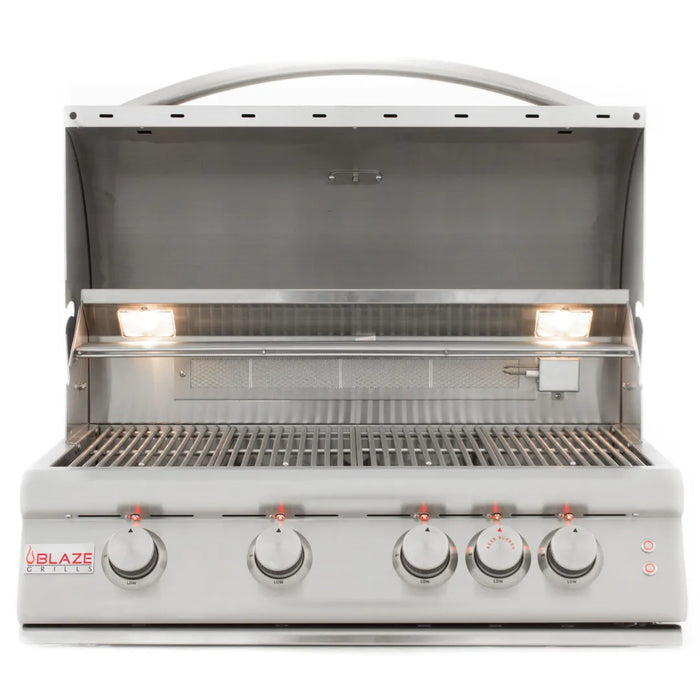 An outdoor BBQ grill with knobs and lights, such as the Blaze Grills 4-5 Burner LTE Gas Grill with Rear Burner and Built-in Lighting System by Blaze Grills.