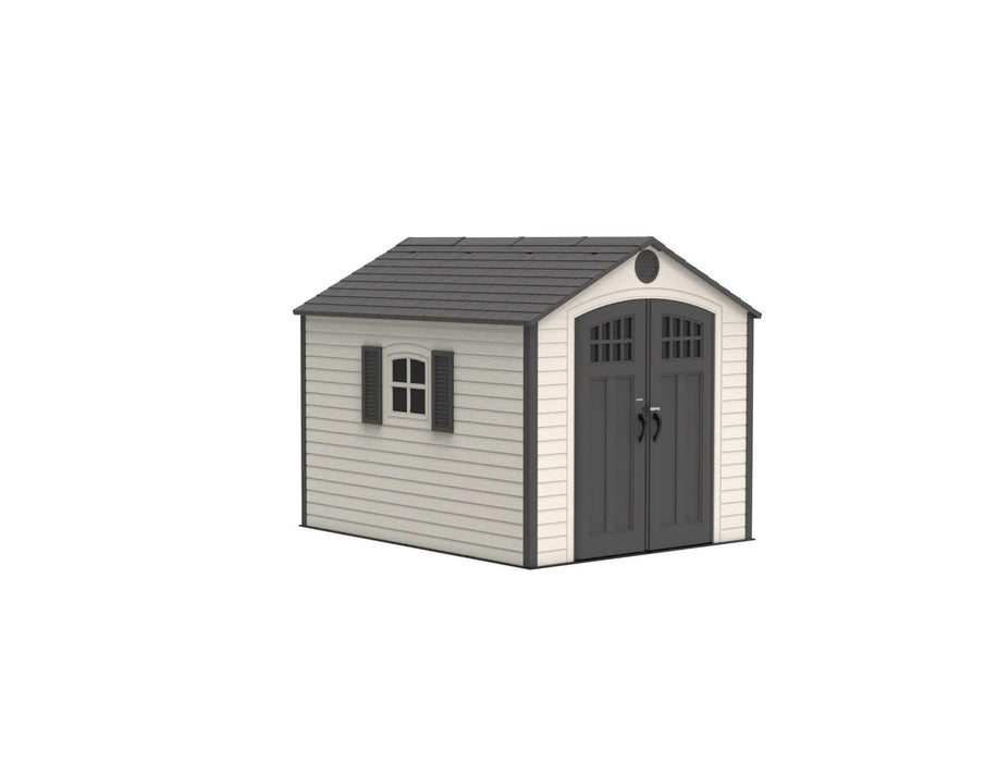 A frontside angle of a storage cabin featuring the closed doors and a window in a white background