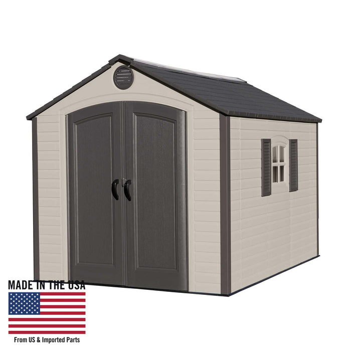 Angled view of a storage cabin with an icon featuring made in the USA