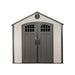 Front view of a storage shed featuring closed doors