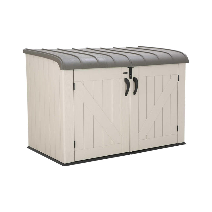 A Lifetime Horizontal Storage Shed (75 Cubic Feet) - 60170 with a grey roof.