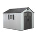 An angled view of a shed on a white background.