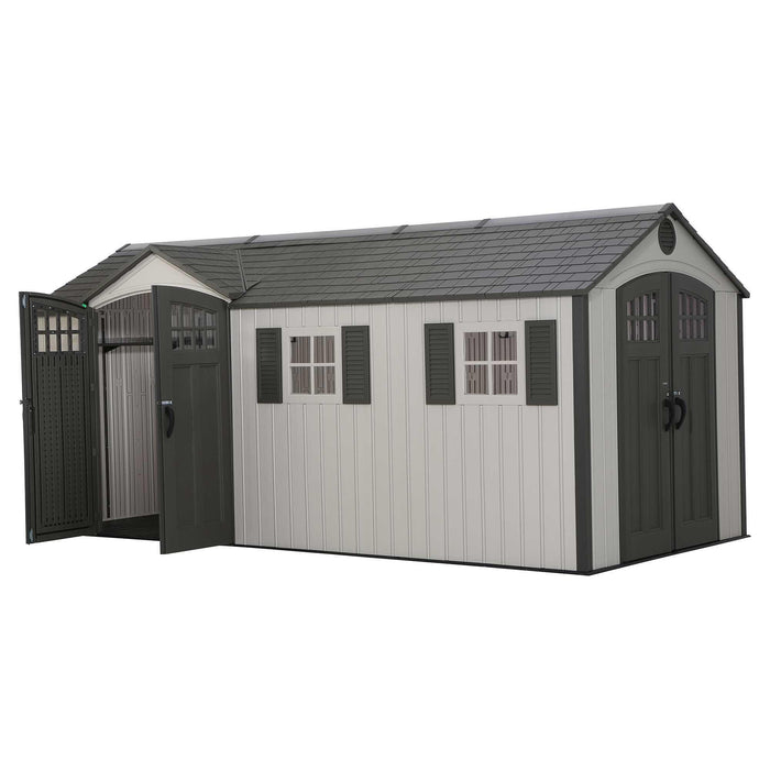A full front view of a storage shed with front doors open 
